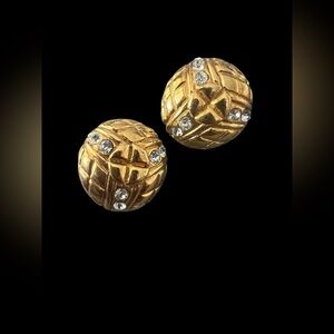 CHANEL Vintage Gold Plated Quilted and Rhinestone Earrings